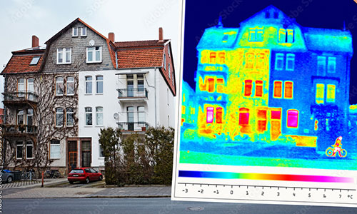 Wärmebild eines Hauses, das Wärmeschwankungen zeigt.